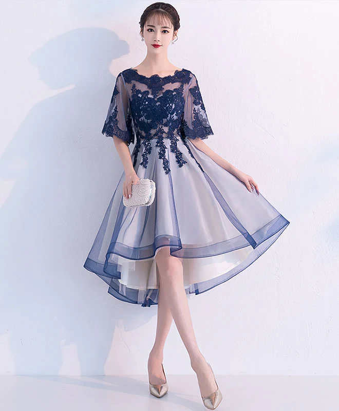 Blue Lace Tulle Short Prom Dress, Blue Lace Homecoming Dress - Deanwangkt