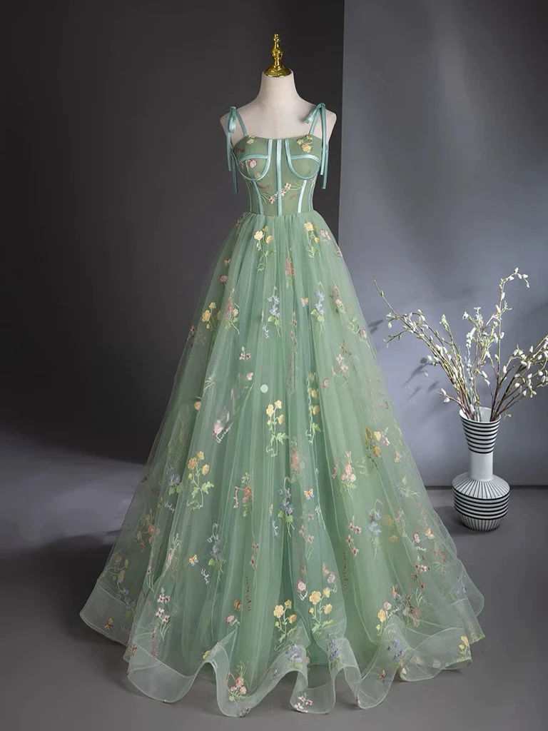 A-Line Sweetheart Neck Tulle Lace Green Long Prom Dress - Deanwangkt