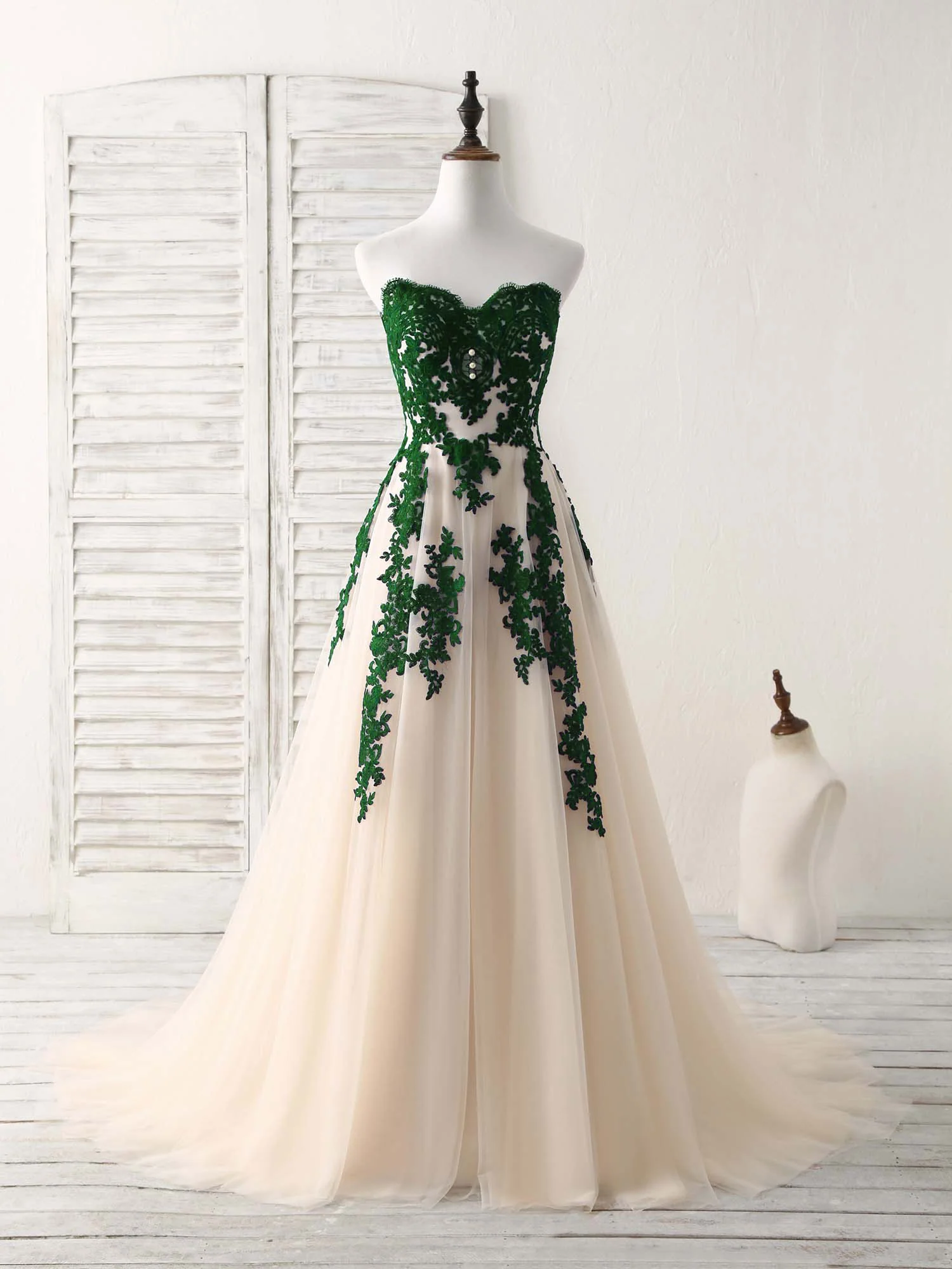 A-Line Sweetheart Tulle Lace Applique Green Long Prom Dress, Bridesmaid Dress - Deanwangkt