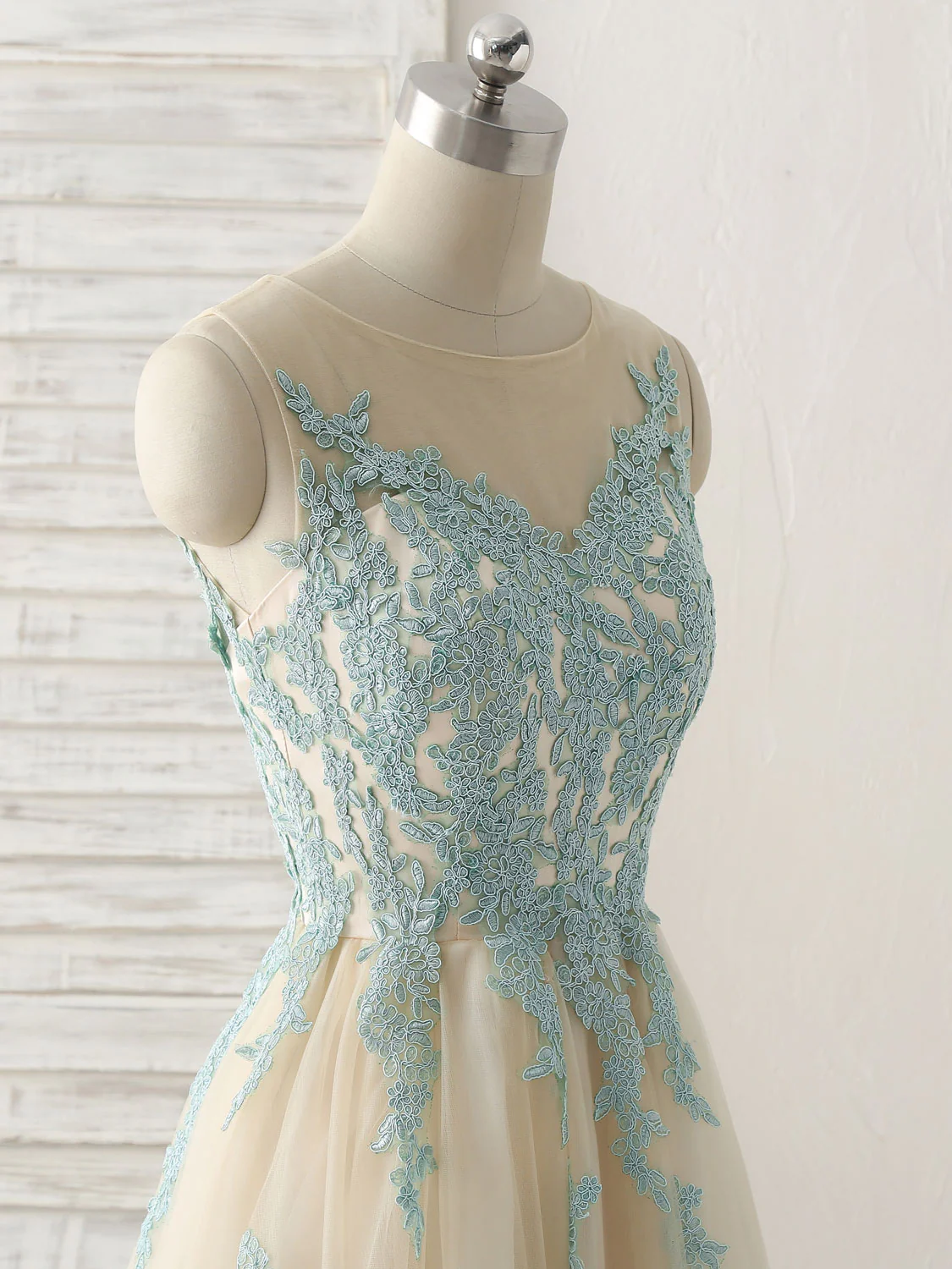 Cute Champagne Lace Long Prom Dress, A Line Tulle Bridesmaid Dress - Deanwangkt