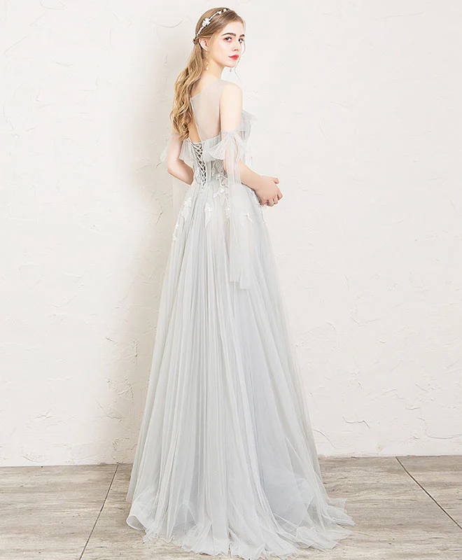 Gray Round Neck Tulle Lace Long Prom Dress, Gray Evening Dress - Deanwangkt