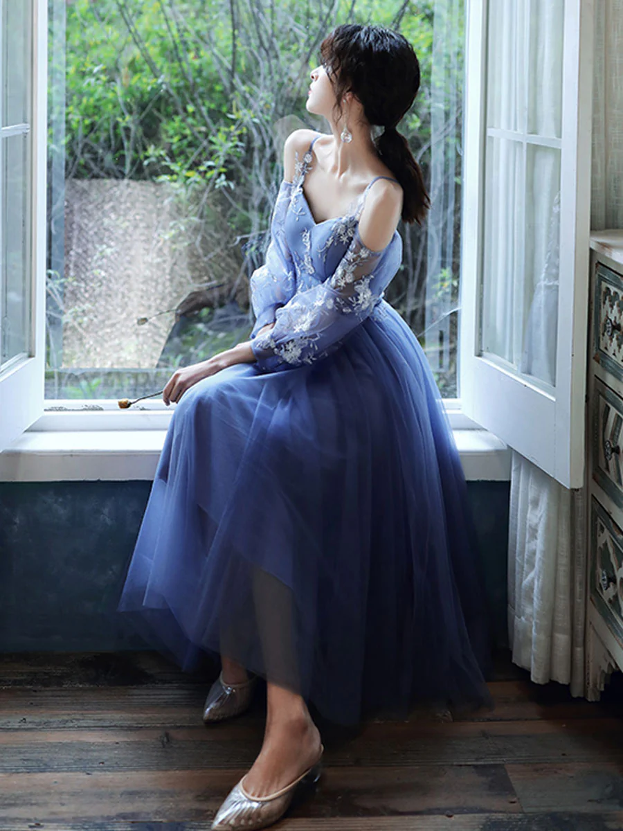 Blue Tulle Long Sleeves Short Prom Dress, Blue Short Homecoming Dresses - Deanwangkt