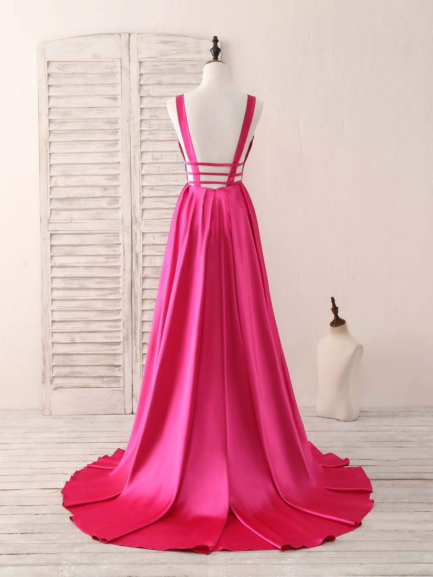 Simple V Neck Satin Long Prom Dress Backless Evening Dress - Deanwangkt