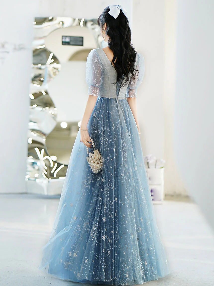 Simple V Neck Tulle Star Blue Long Prom Dress, Blue Formal Bridesmaid Dresses - Deanwangkt