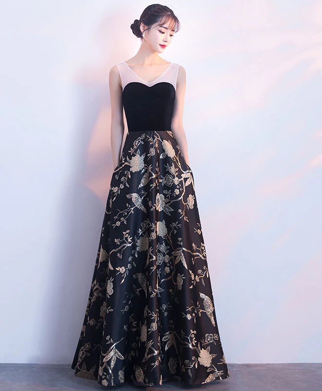 Black Floral Pattern Long Prom Dress, Black Evening Dress - Deanwangkt