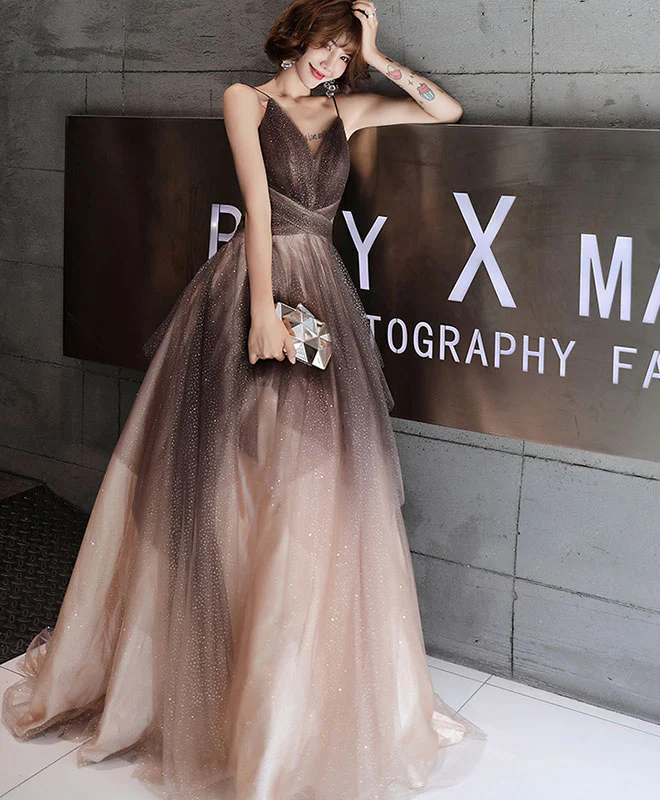Unique V Neck Tulle Long Prom Dress, Tulle Long Evening Dress - Deanwangkt