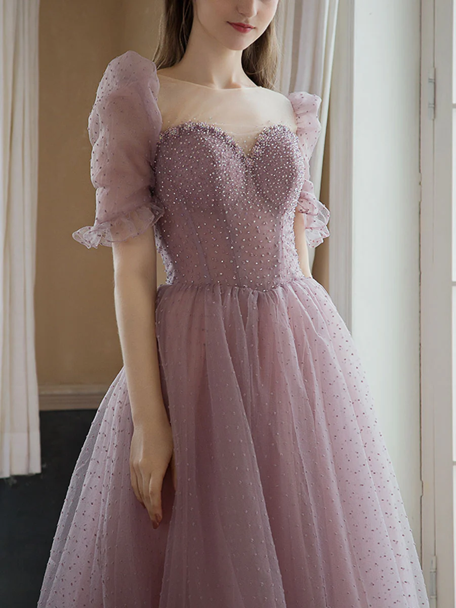 Sweetheart Tulle Beads Tea Length Pink Prom Dress, Tulle Homecoming Dress - Deanwangkt