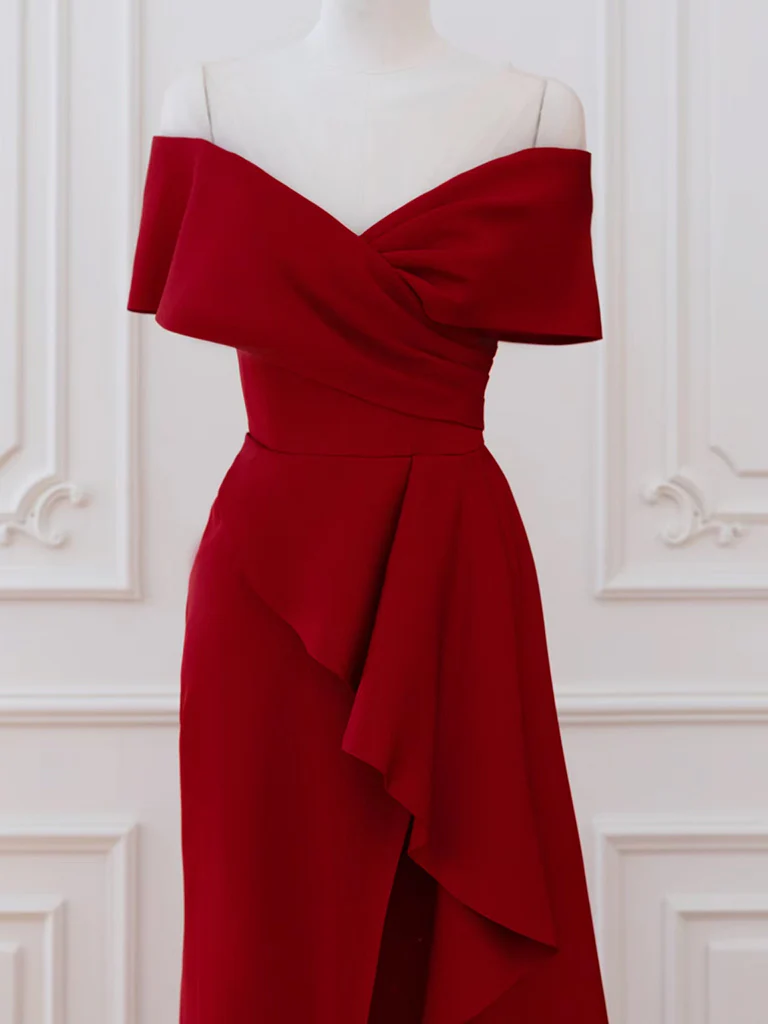 A-Line V Neck Off Shoulder Burgundy Long Prom Dress, Burgundy Long Formal Dress - Deanwangkt