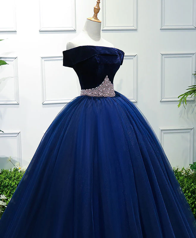 Dark Blue Tulle Off Shoulder Long Prom Dress, Blue Sweet 16 Dress - Deanwangkt