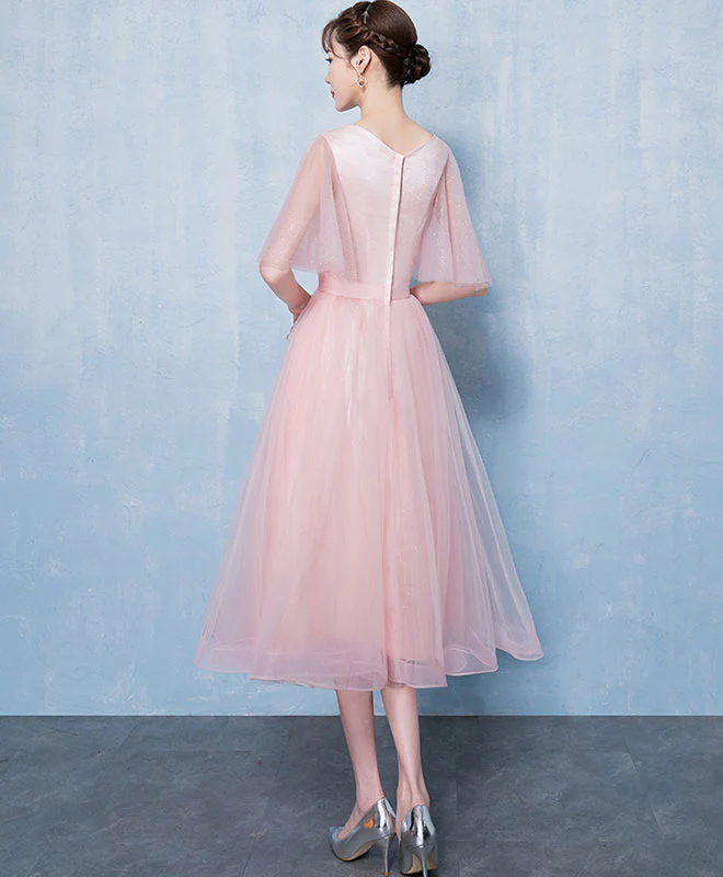Simple V Neck Tulle Short Prom Dress, Pink Tulle Homecoming Dress - Deanwangkt