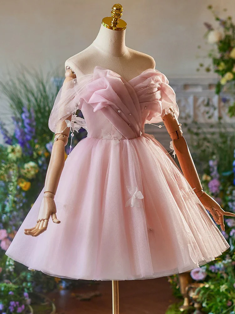 A-Line Off Shoulder Tulle Pink Short Prom Dress, Pink Homecoming Dress - Deanwangkt
