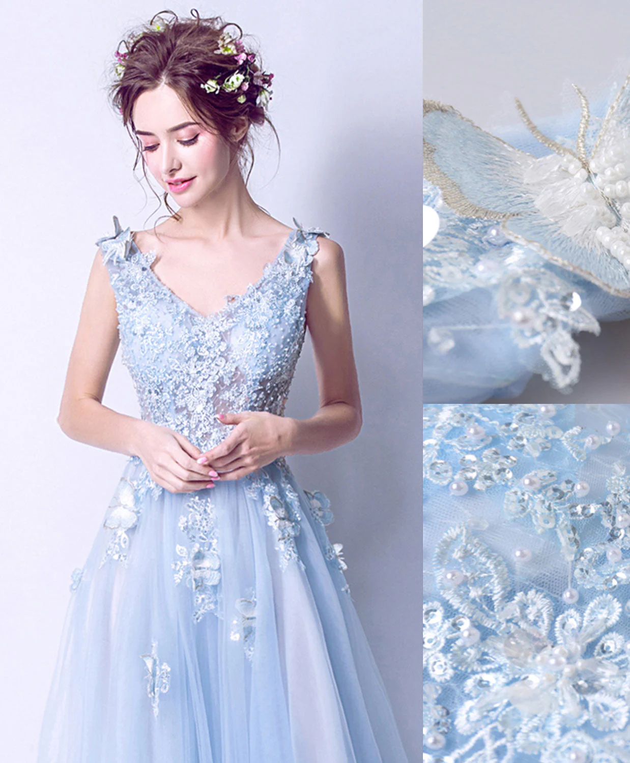 Blue V Neck Tulle Lace Long Prom Dress, Blue Evening Dress - Deanwangkt