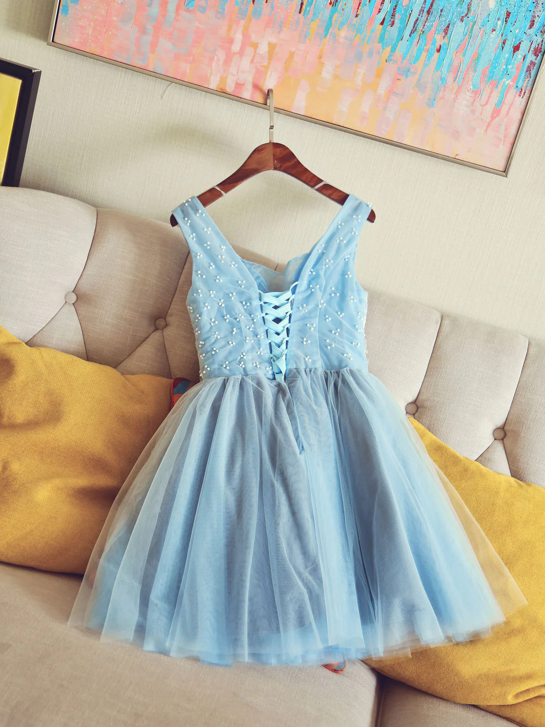 Cute V Neck Light Blue Tulle Lace Short Prom Dress Blue Homecoming Dress - Deanwangkt