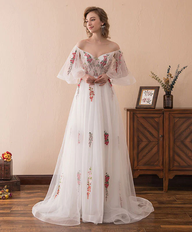White V Neck Tulle Lace Long Prom Dress, White Evening Dress - Deanwangkt