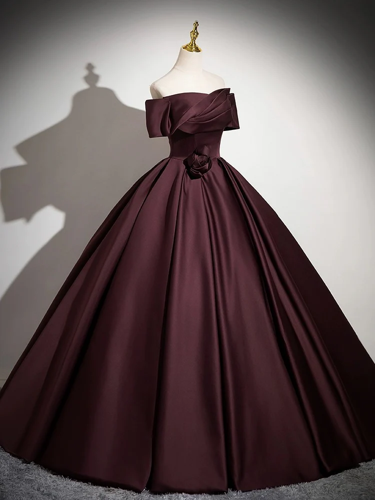 A-Line Off the Shoulders Satin Maroon Long Prom Dress, Maroon Long Formal Dress - Deanwangkt