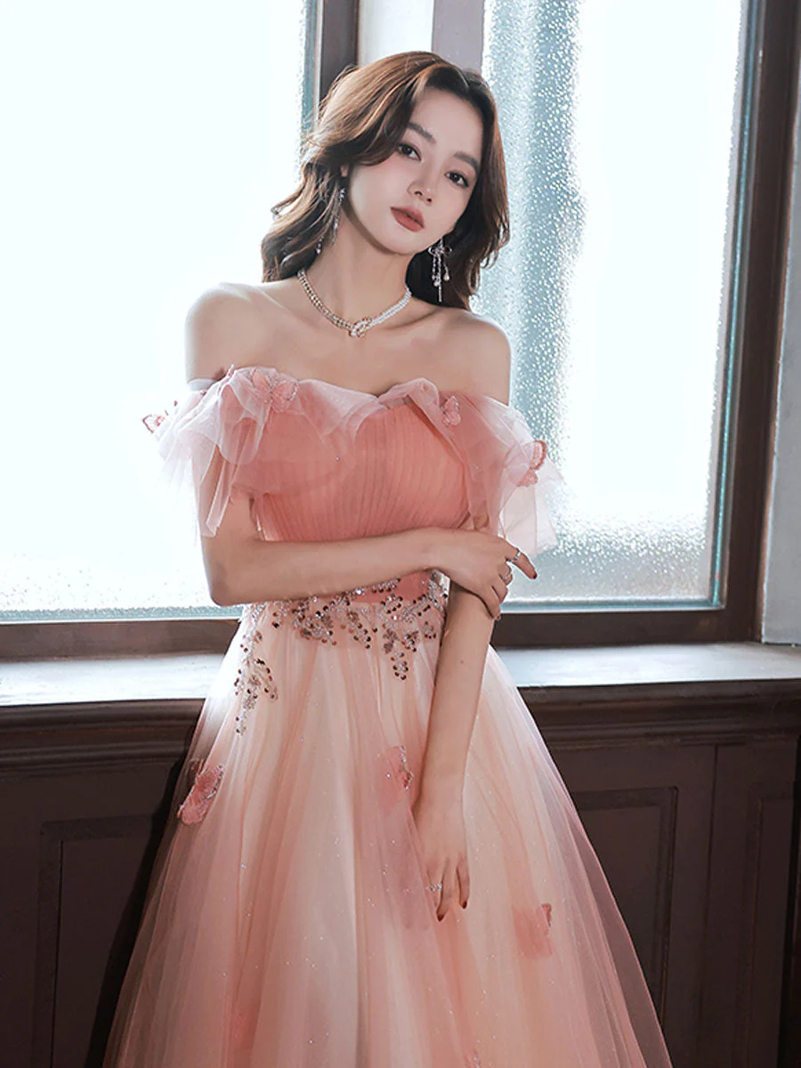 A-Line Off Shoulder Pink Long Prom Dresses, Pink Tulle Formal Evening Dress - Deanwangkt