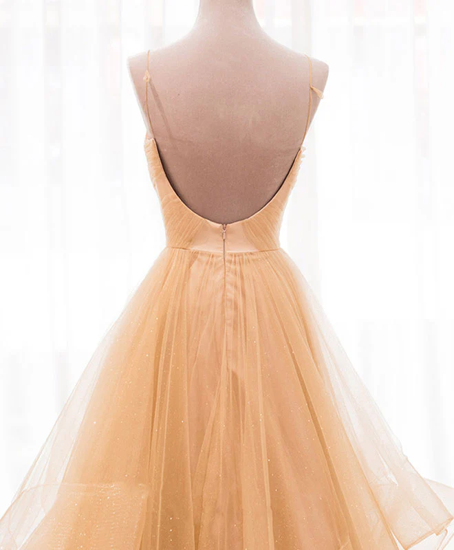 Unique V Neck Tulle A-Line Long Prom Dress Tulle Formal Dress - Deanwangkt