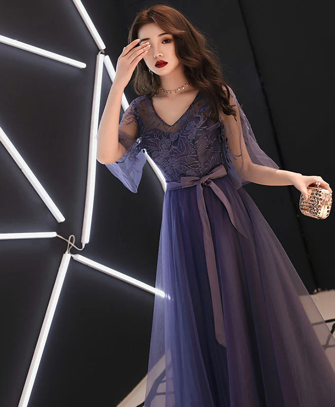 Elegant A-Line Tulle Lace Prom Dress Purple Tulle Formal Dress - Deanwangkt