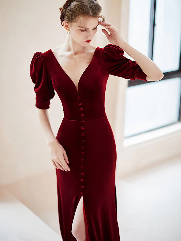 Burgundy velvet  mermaid long prom dress, burgundy evening dress - Deanwangkt