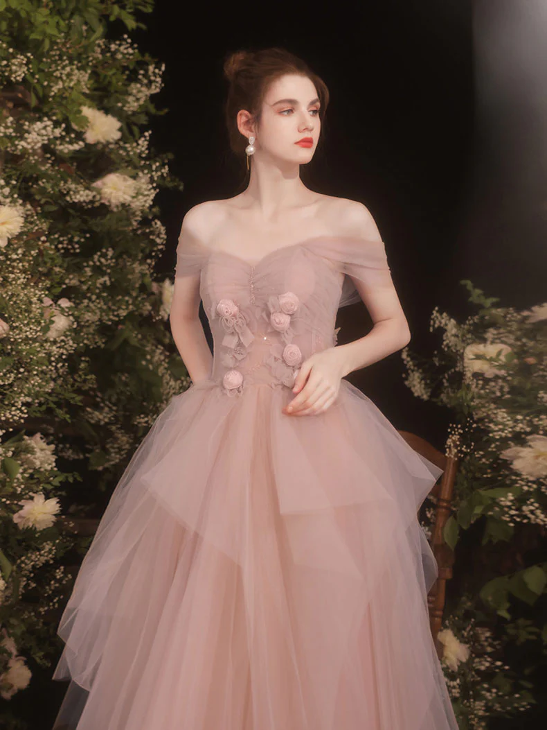 Pink Sweetheart Tulle Long Prom Dress, Pink Tulle Formal Dress - Deanwangkt