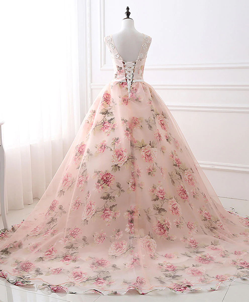Pink Round Neck Tulle Lace Long Prom Dress Pink Long Evening Gown - Deanwangkt