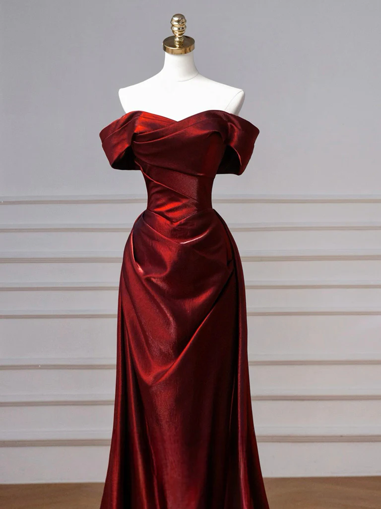 Simple Off Shoulder Satin Burgundy Long Prom Dress, Burgundy Long Formal Dress - Deanwangkt