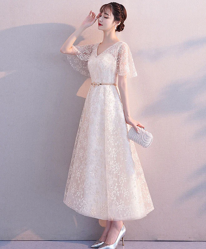 Beige Tulle Lace Prom Dress, Tulle Lace Bridesmaid Dress - Deanwangkt