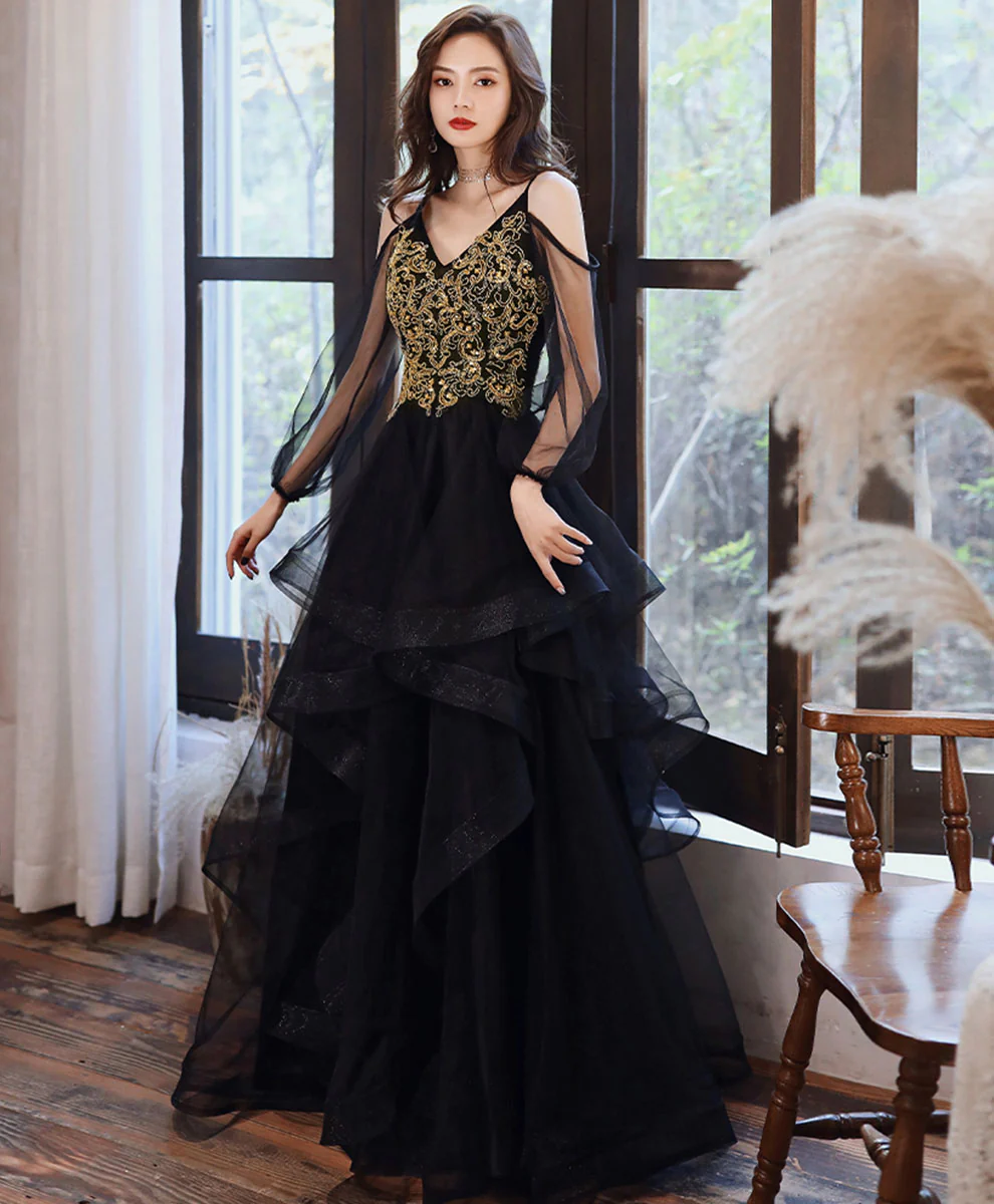 Black Tulle Lace Long Prom Dress Black Tulle Formal Dress - Deanwangkt