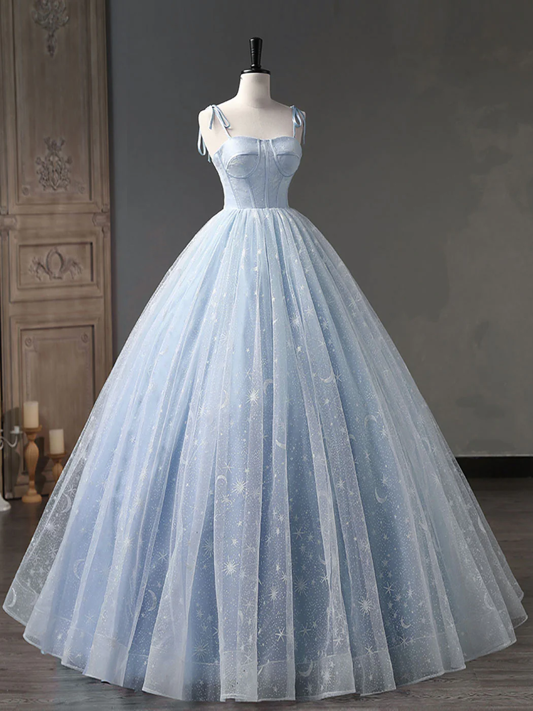 Blue A-Line Tulle Long Prom Dress, Blue Formal Sweet 16 Dress - Deanwangkt