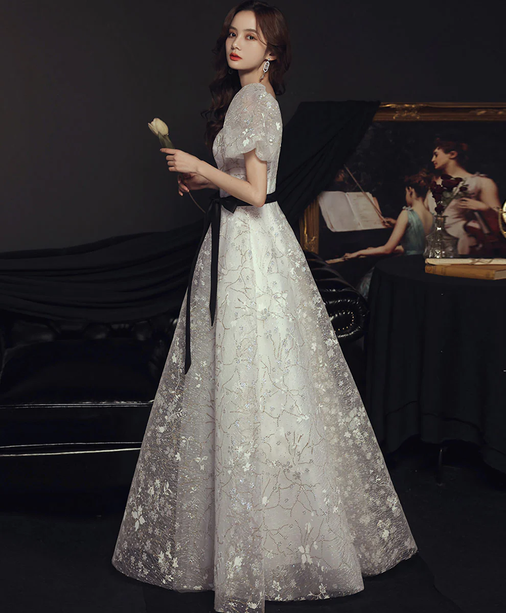 A line White Tulle Lace Sequin Long Prom Dress, White Formal Graduation Party Dress - Deanwangkt
