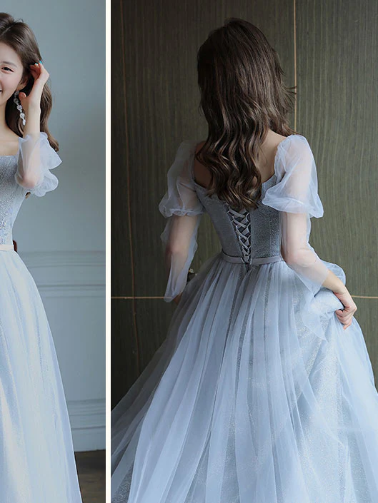 Simple Light Blue Tulle Lace Long Prom Dress, Lace Long Bridesmaid Dress - Deanwangkt