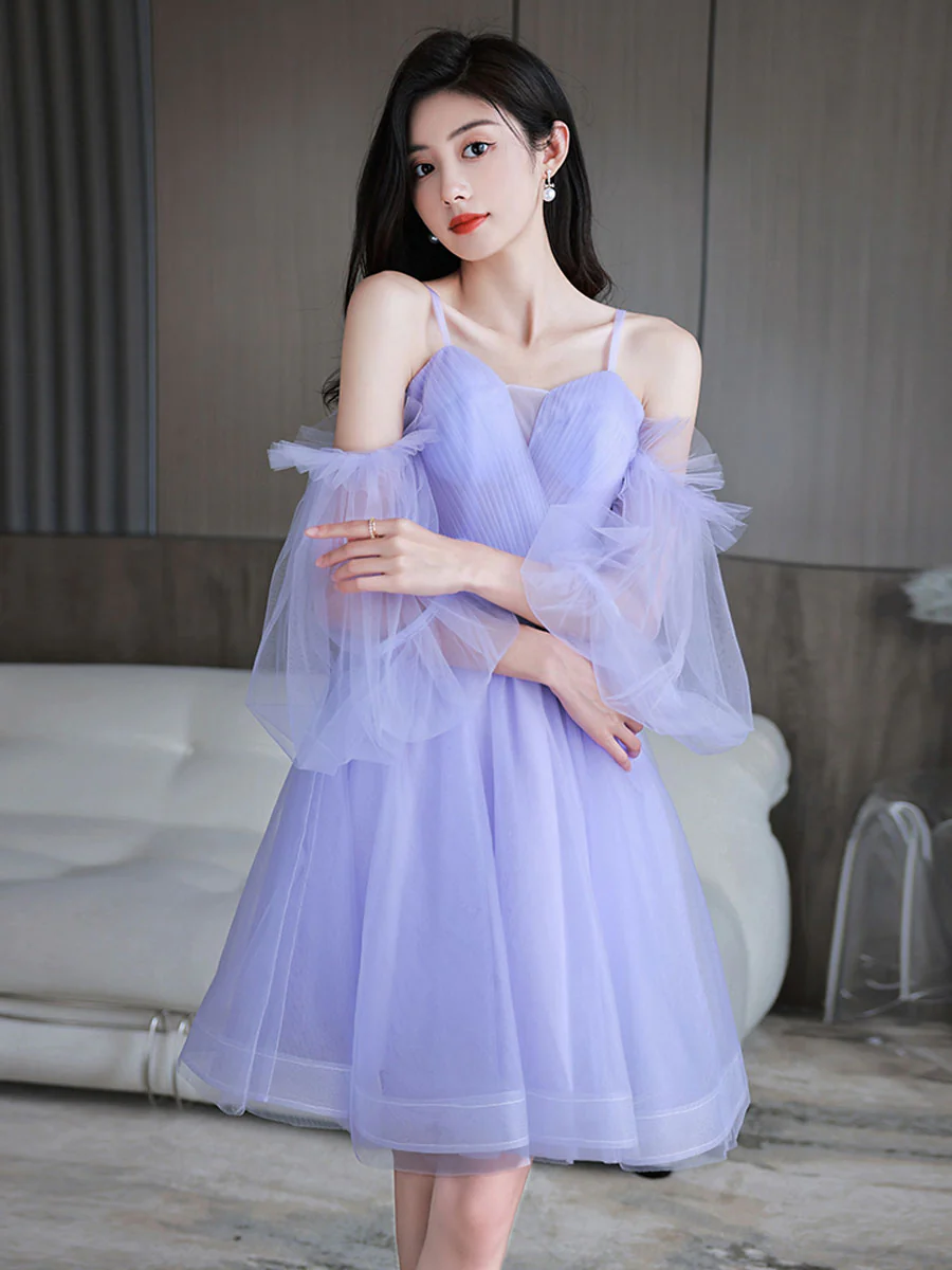 Purple Sweetheart Neck Tulle Short Prom Dress, Puffy Purple Homecoming Dresses - Deanwangkt