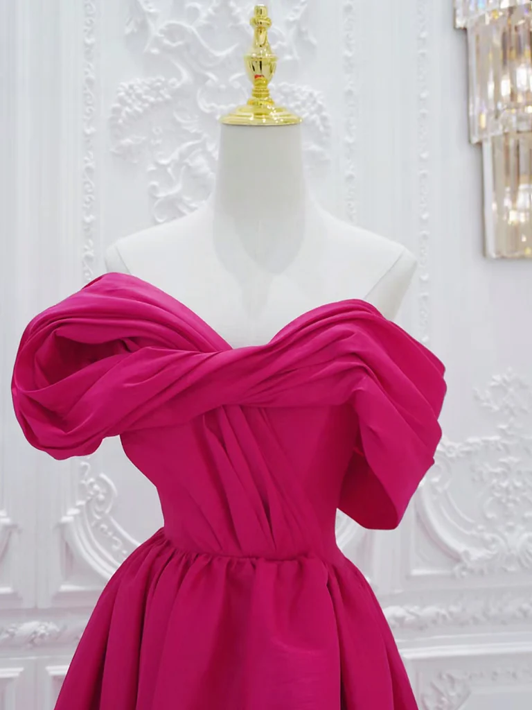 A-Line Off Shoulder Satin Rose Red Long Prom Dress, Rose Red Long Evening Dress - Deanwangkt