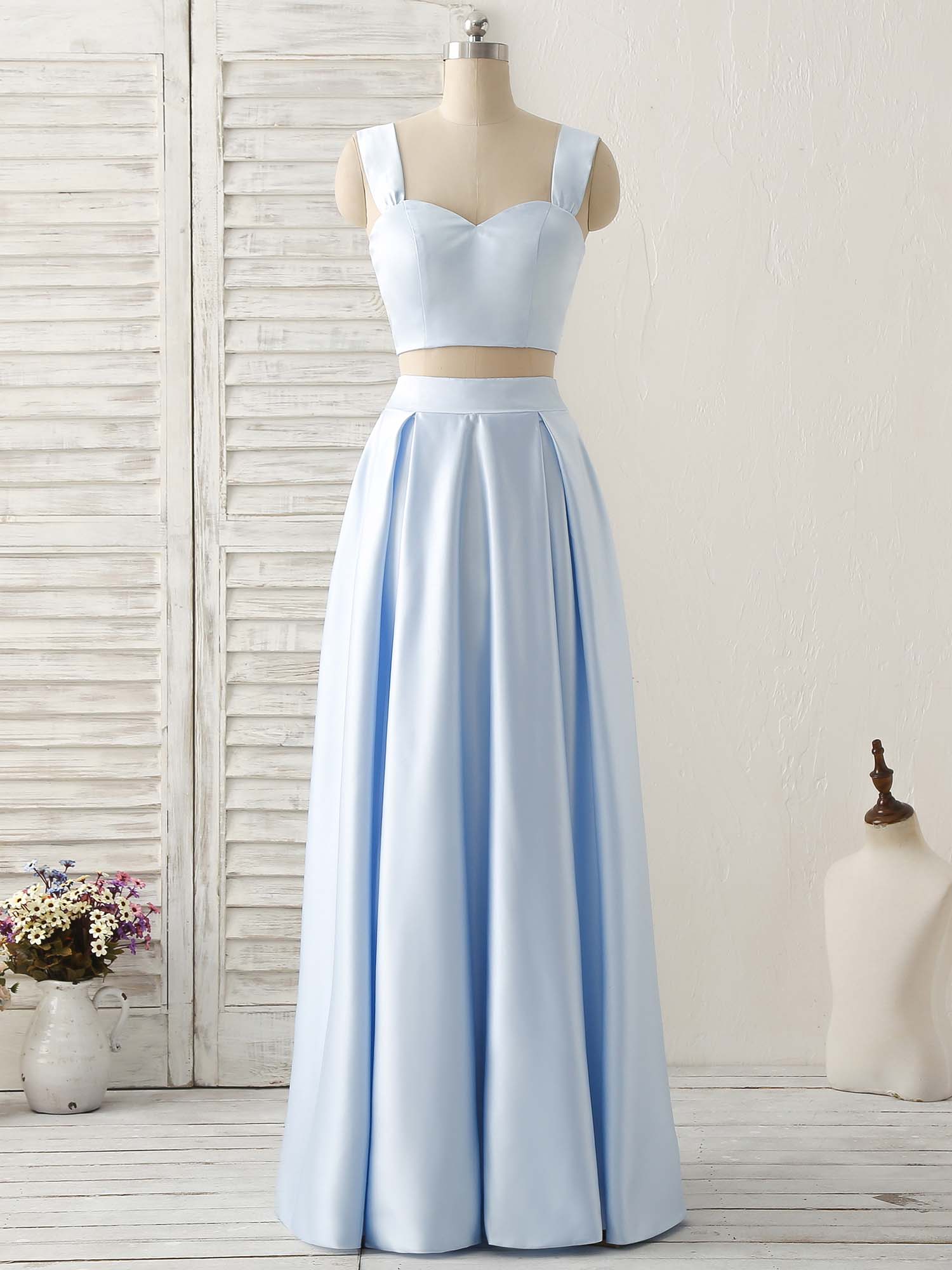 Light Blue Two Pieces Satin Long Prom Dress Simple Evening Dress - Deanwangkt