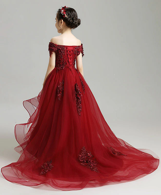 Burgundy High Low Tulle Lace Flower Girl Dress, Party Girl Dress - Deanwangkt
