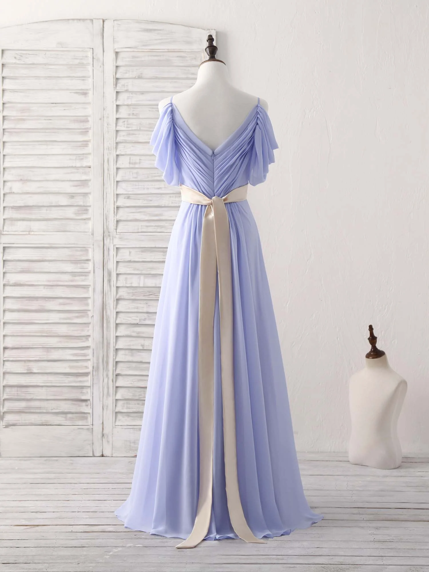Simple V Neck Off Shoulder Chiffon Long Prom Dress Evening Dress - Deanwangkt