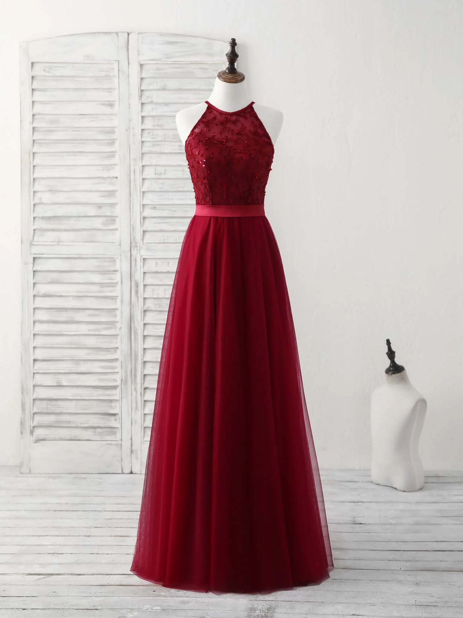 Burgundy Tulle Lace Long Prom Dress, Burgundy Bridesmaid Dress - Deanwangkt