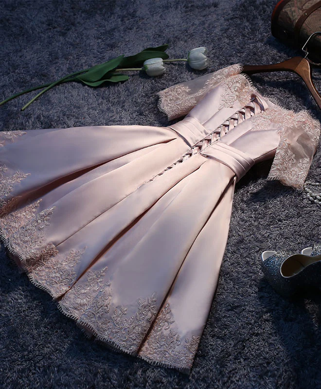 Pink A Line Satin Lace Short Prom Dress, Pink Homecoming Dress - Deanwangkt