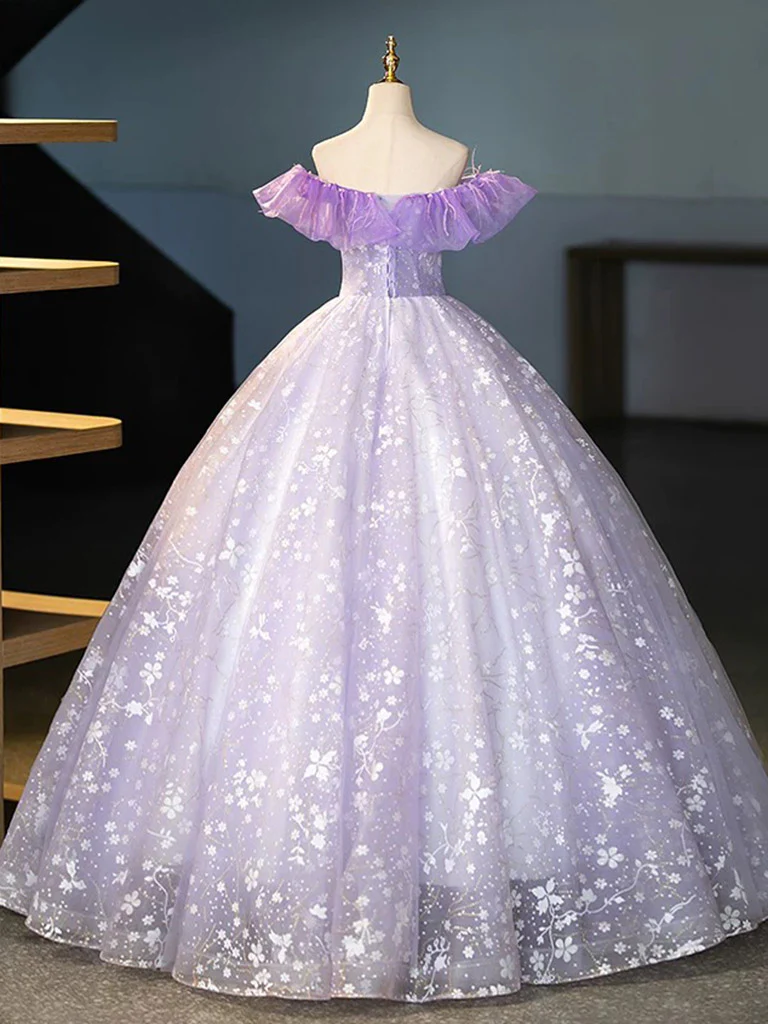 A-Line Off Shoulder Tulle Lace Purple Long Prom Dress, Purple Long Formal Dress - Deanwangkt