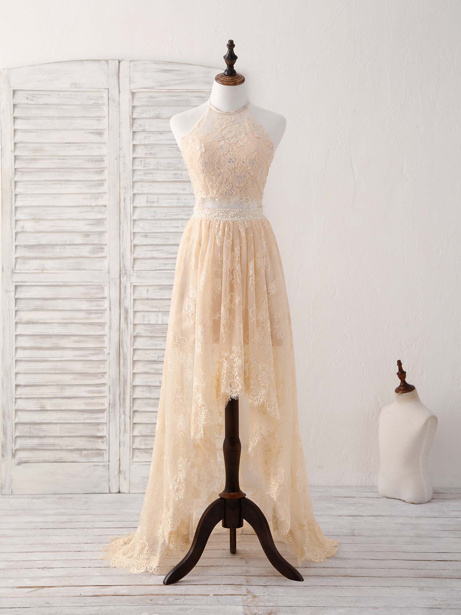 Champagne Two Pieces Lace Long Prom Dress Lace Evening Dress - Deanwangkt