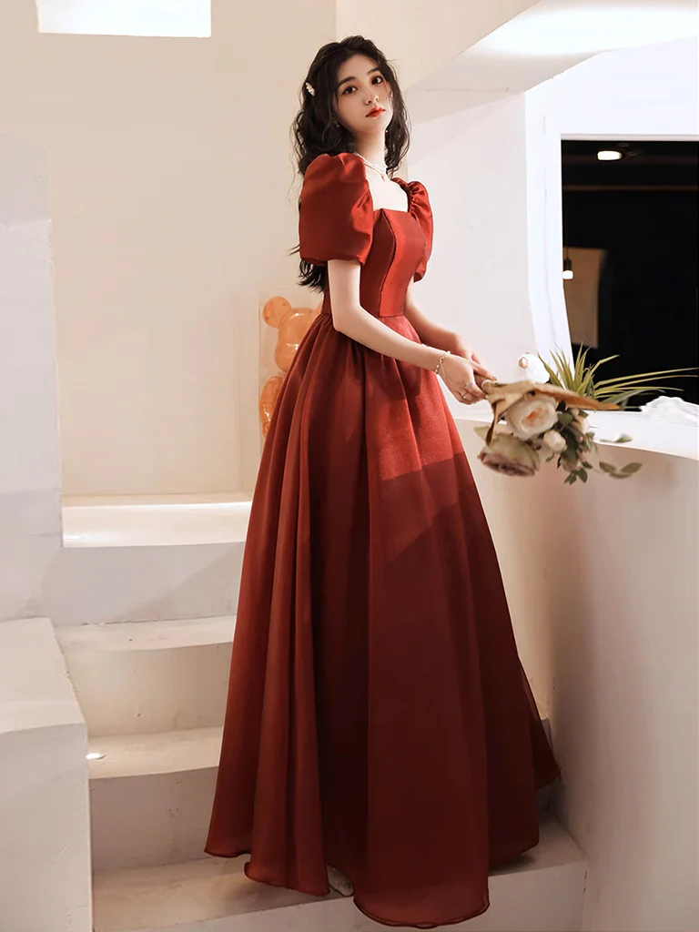 A-Line Puff Sleeves Organza Burgundy Long Prom Dress, Burgundy Long Evening Dress - Deanwangkt