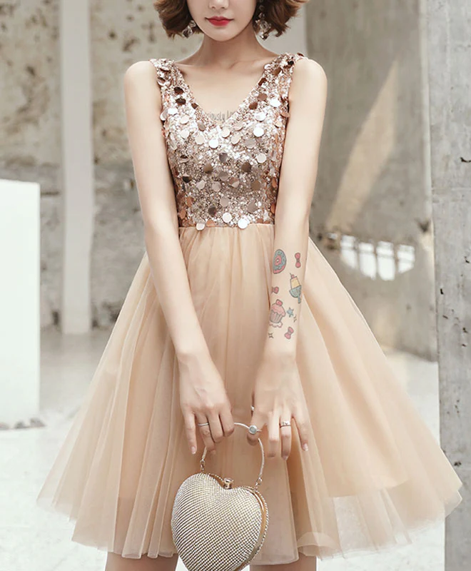 Champagne V Neck Tulle Sequin Short Prom Dress, Homecoming Dress - Deanwangkt