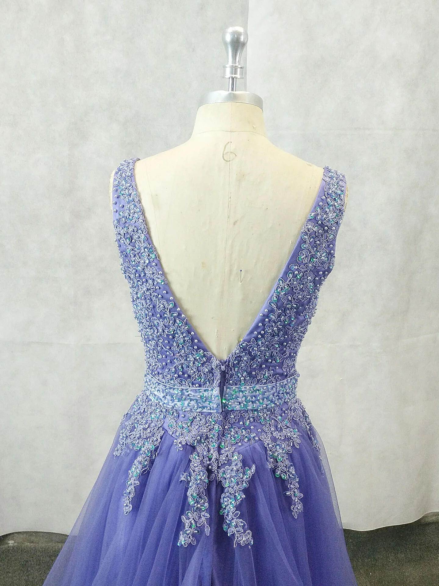 Unique V Neck Tulle Lace Applique Long Prom Dress, Tulle Evening Dress - Deanwangkt