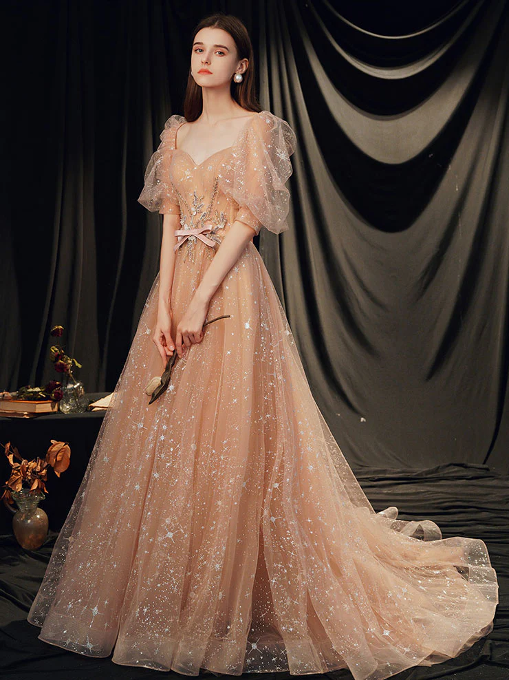 Champagne A-line Tulle Long Prom Dress Champagne Evening Dress - Deanwangkt