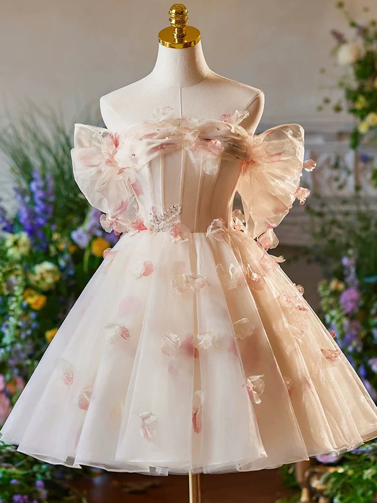 A-Line Off Shoulder Tulle Short Champagne Prom Dress, Cute Homecoming Dress - Deanwangkt