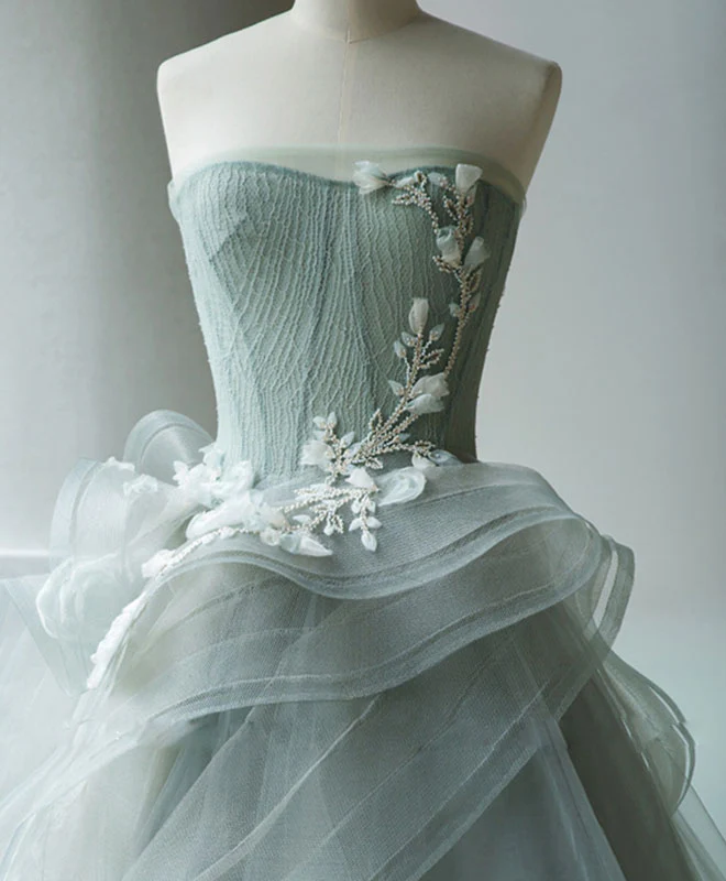 Unique Tulle Lace Gray Green Long Prom Gown, Tulle Lace Evening Dress - Deanwangkt