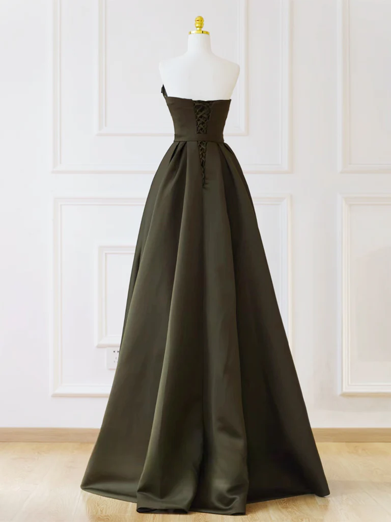 A-Line V Neck Satin Olive Green Long Prom Dress, Satin Long Formal Dress - Deanwangkt