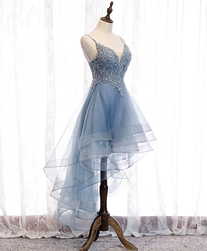 Blue Sweetheart Tulle Lace High Low Prom Dress, Blue Homecoming Dress - Deanwangkt
