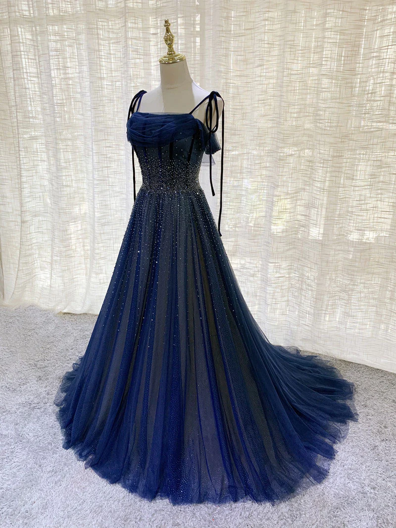 Dark Blue Tulle Sequin Long Prom Dress, Blue Tulle Formal Dress - Deanwangkt