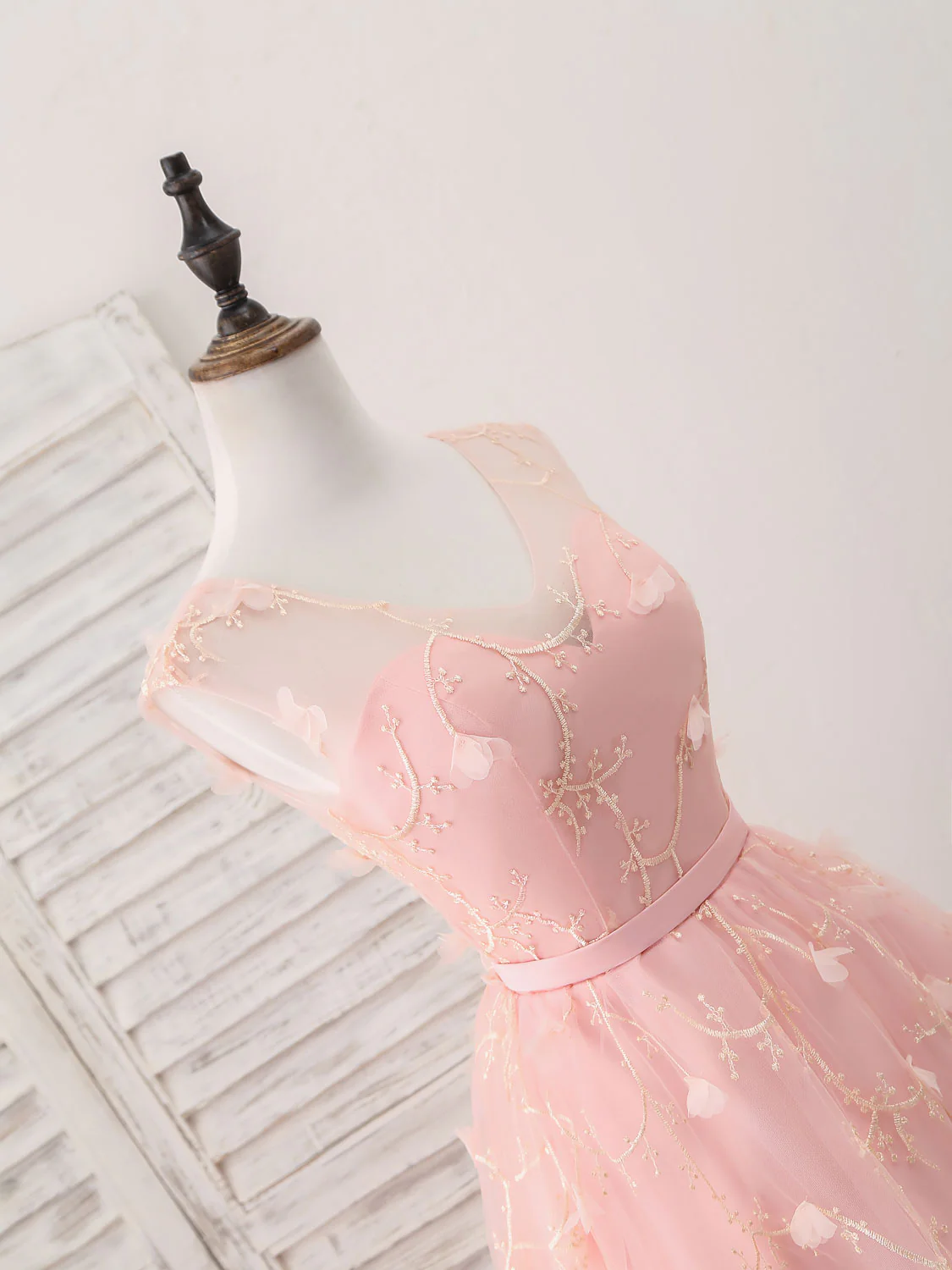 Pink Tulle Lace Tea Length Prom Dress, Pink Homecoming Dress - Deanwangkt